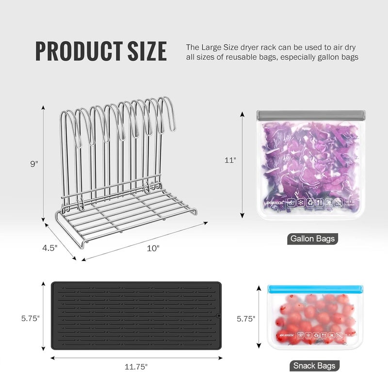 IDEATECH Reusable Bag Rack with Cup Drying Mat,Plastic Bag Dryer Rack Dish Drying,Collapsible Kitchen Counter Storage Organizer Sponge Holder,Dryer Rack for Silicone Storage Bag,Kitchen Must Have - Image 5